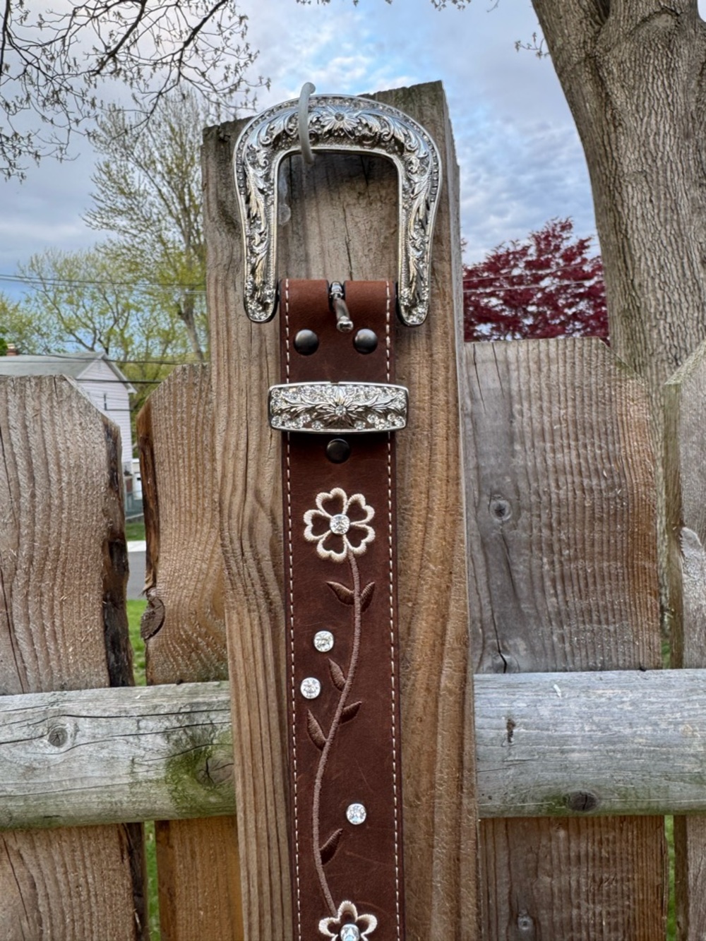 Ariat Brown Leather Floral Embroidered Belt with Silver Buckle